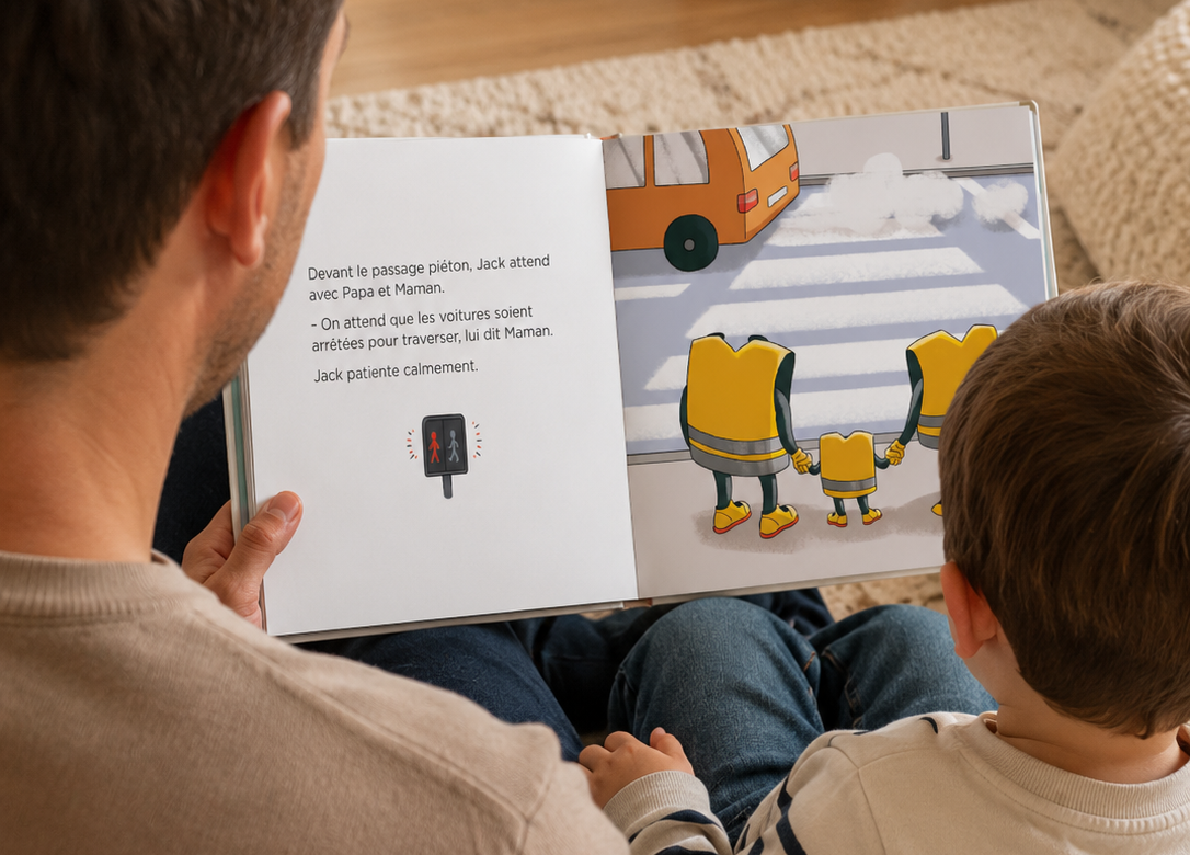 Un papa lit un livre Safety Jack à son enfant
