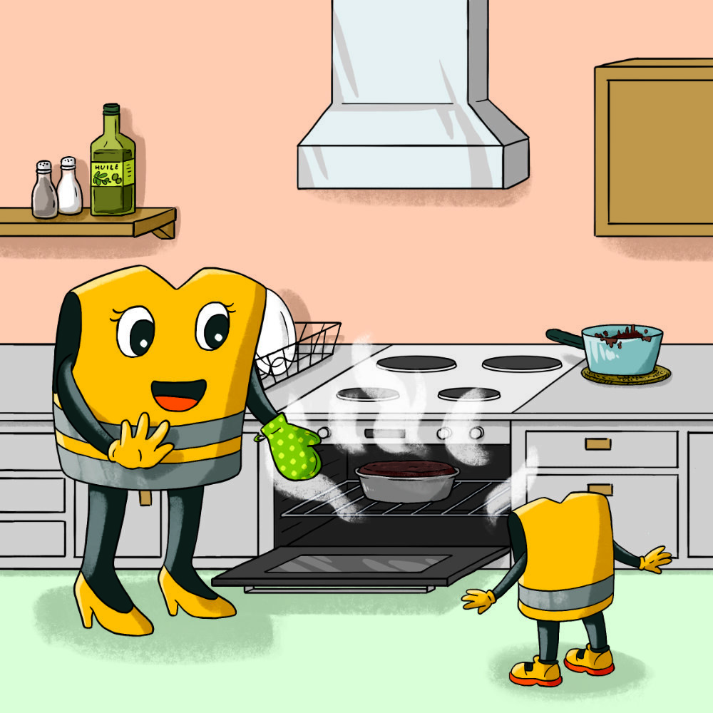 Maman Jack sort un plat du four sous le regard de bébé Jack